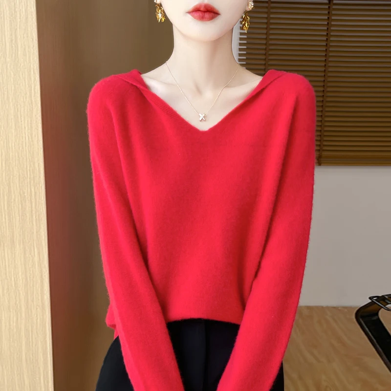 Women Autumn Winter Clothing Hooded Collar Pullover 100% Merino Wool Sweater New Fashion Cashmere Tops Bottoming Knitwear Soft - Image 5