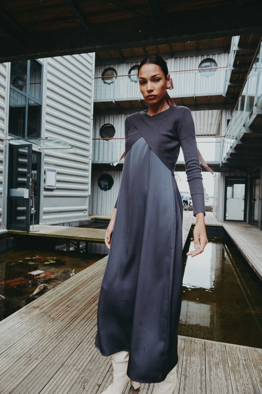 AS AW25 elegance slip satin dress + knitting cross top +mockneck woman clothing set adjustable maxi floor length - Image 2